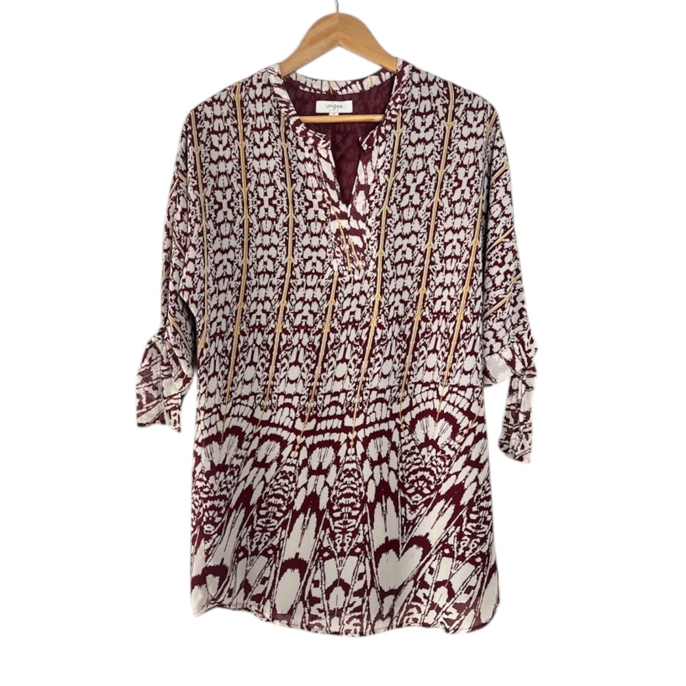 Umgee USA Womens Burgundy Abstract Print Tunic Top Tie Sleeve A9880 Medium